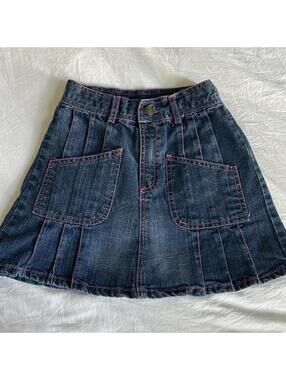 NSI Jeans Co. girls navy denim skirt with pink stitching and pockets